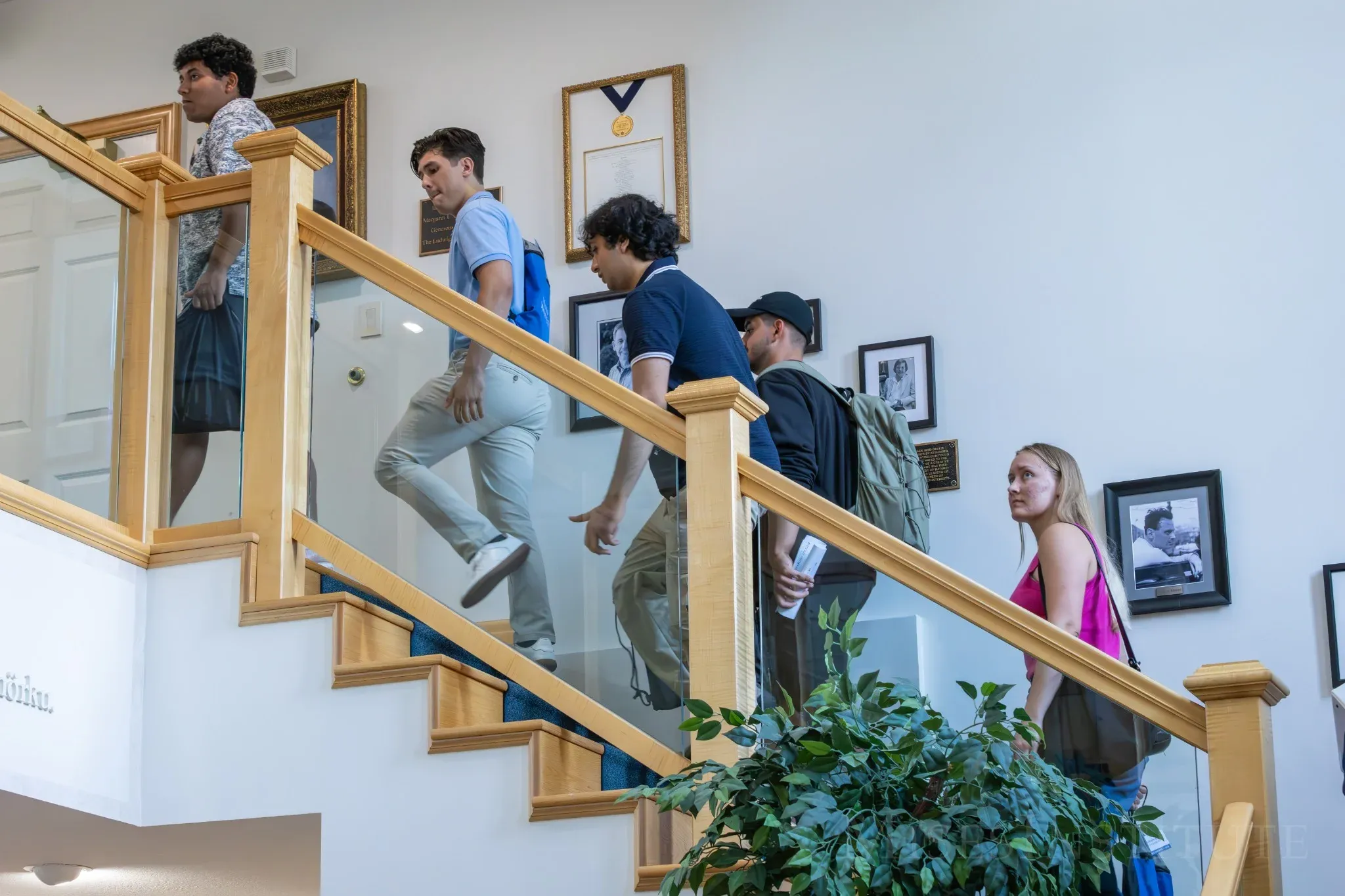 Students walking up the institute staircase