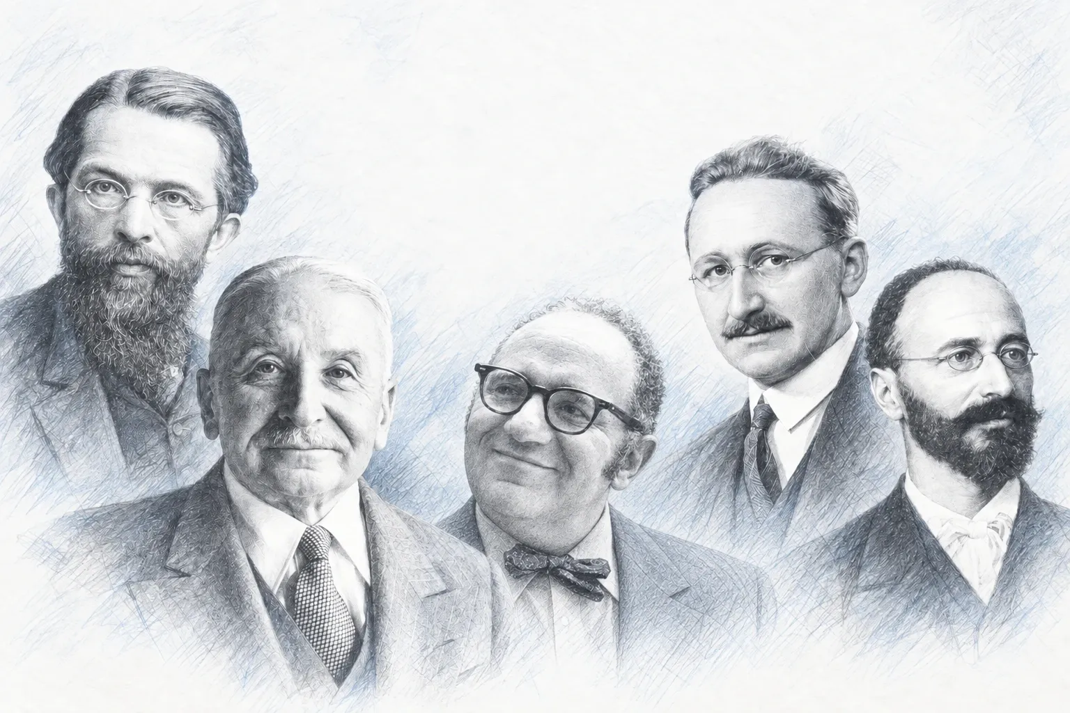 Pencil sketch collage of Carl Menger, Ludwig von Mises, Murray Rothbard, F. A. Hayek, and Eugen von Böhm-Bawerk